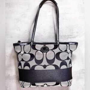 Coach Signature Stripe Tote Black Gray Jacquard Canvas F19046